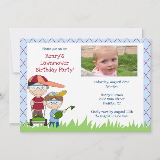 Landscaping Birthday Party Invitation Lawnmower La Kaart (Voorkant)