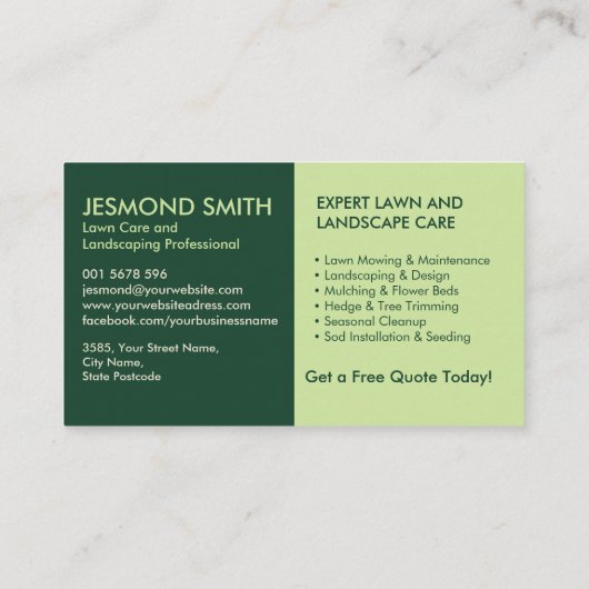 Landscaping en gazon zorgdiensten visitekaartje (Achterkant)