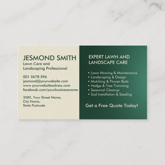 Landscaping en gazon zorgdiensten visitekaartje (Achterkant)