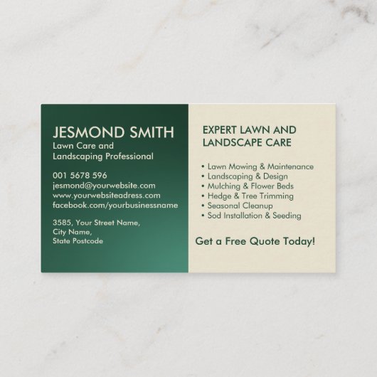 Landscaping en gazon zorgdiensten visitekaartje (Achterkant)