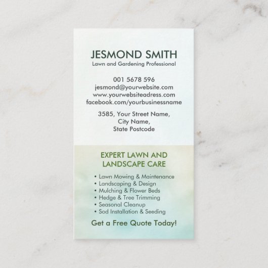 Landscaping en gazon zorgdiensten - Waterverf Visitekaartje (Achterkant)