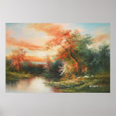 Landschap bij zonsondergang schilderij poster (Voorkant)