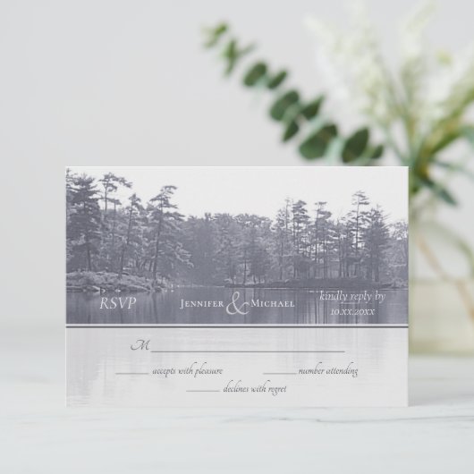 landschap blauwe grijze bruiloft van het bergmeer  RSVP kaartje (Staand voorkant)