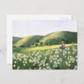 Landschap bloemenbuiten meisje het lezen van een b briefkaart (Voorkant / Achterkant)