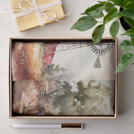 Landschap boerderij Red Barn Tractor Tissuepapier (Geschenk)