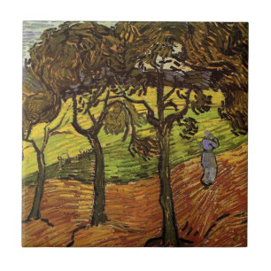 Landschap, bomen en figuren van Vincent van Gogh Tegeltje