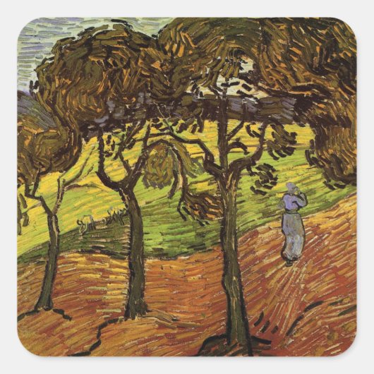 Landschap, bomen en figuren van Vincent van Gogh Vierkante Sticker (Voorkant)