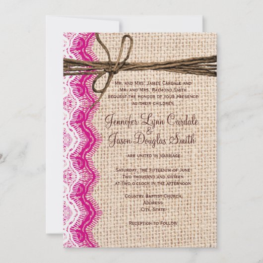 Landschap Burlap Pink Lace Twine Wedding Invites Kaart (Voorkant)