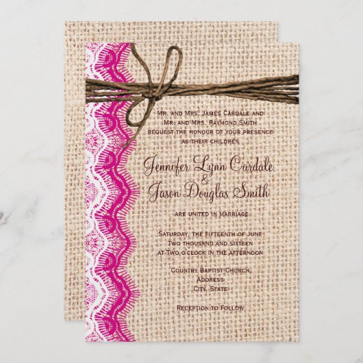 Landschap Burlap Pink Lace Twine Wedding Invites Kaart (Voorkant / Achterkant)