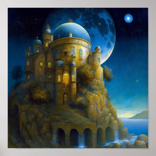 Landschap Castle Fantasy Moon Poster (Voorkant)
