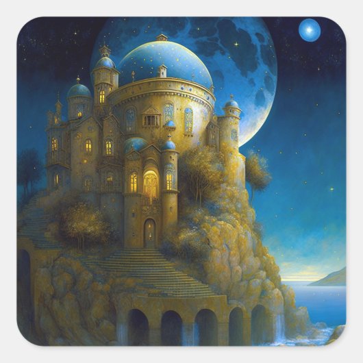 Landschap Castle Fantasy Moon Vierkante Sticker (Voorkant)