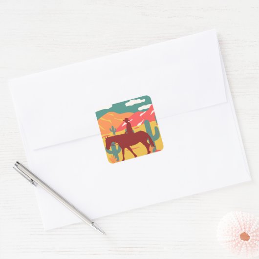 Landschap Cowboy Silhouette Vierkante Sticker (Envelop)