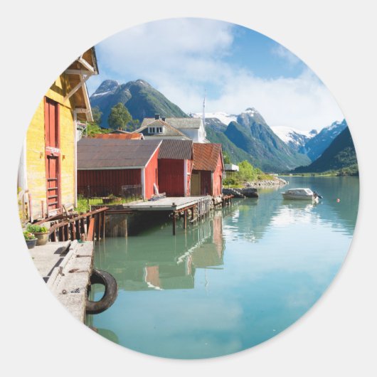 Landschap Fjaerlandsfjord fjord in Noorwegen Ronde Sticker (Voorkant)