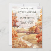 Landschap Herfst Bos Pad Bladeren Val Huwelijk Save The Date (Voorkant)