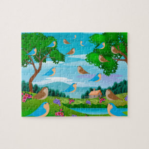 Landschap House Trees Birds Flowers Natuur, 6-jari Legpuzzel