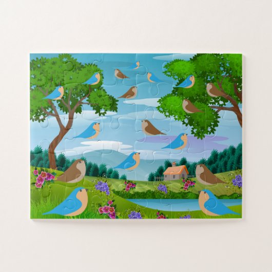 Landschap House Trees Birds Flowers Natuur, leefti Legpuzzel (Horizontaal)