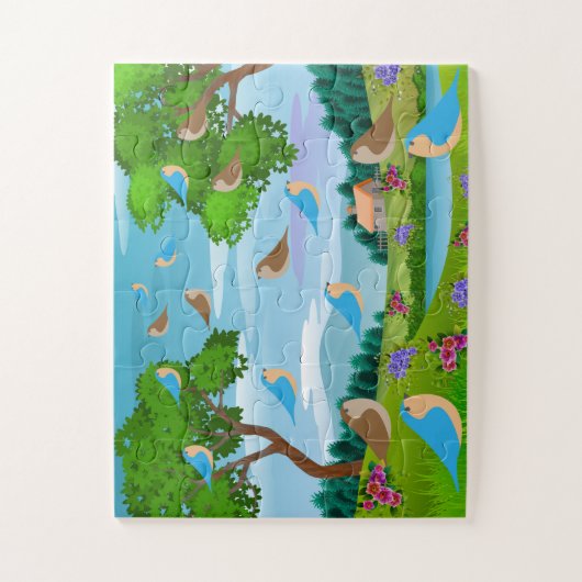 Landschap House Trees Birds Flowers Natuur, leefti Legpuzzel (Verticaal)