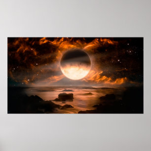 Landschap in een fantasievreemde planeet met een v poster