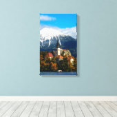 Landschap in het meer van Bled in de herfst Canvas Afdruk (Insitu (Houten vloer))