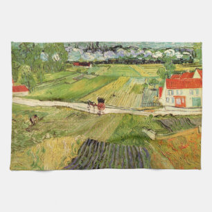Landschap, koets en trein van Vincent van Gogh Theedoek