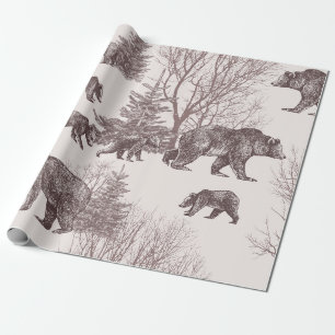 Landschap met beren, kubs, winterbomen en fit cadeaupapier