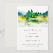 Landschap met bergen rivier waterverfschildering save the date (Voorkant / Achterkant)