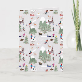 Landschap met bergskihellingen en sneeuwschaatsen feestdagen kaart