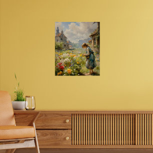 Landschap met bloemen en een meisje   canvas afdruk