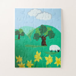 landschap met bomen heuvels blauwe lucht en schaap legpuzzel