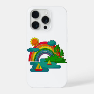 Landschap met bootreis onder zon wolken en regenbo iPhone 15 pro case