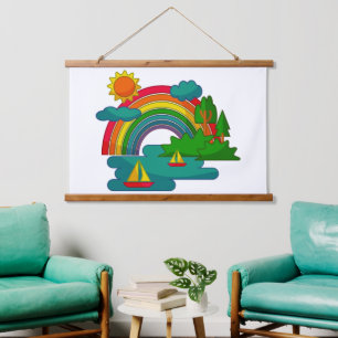 Landschap met bootreis onder zonwolken en regenboo hangend wandkleed