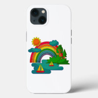 Landschap met boten onder zon wolken en regenboog