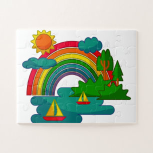 Landschap met boten onder zon wolken en regenboog legpuzzel