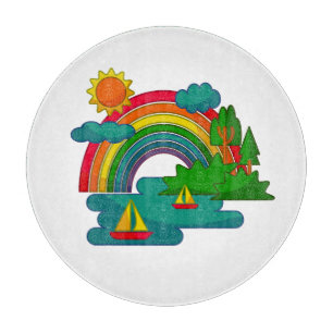 Landschap met boten onder zon wolken en regenboog snijplank