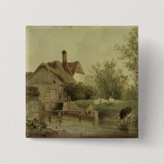 Landschap met een huisje vierkante button 5,1 cm (Voorkant)