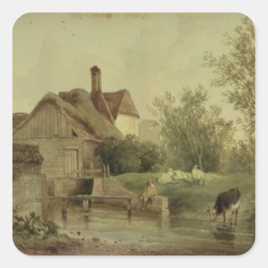 Landschap met een huisje vierkante sticker (Voorkant)