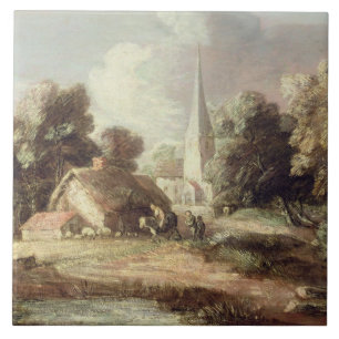 Landschap met een kerk, Cottage, Villagers en An Tegeltje