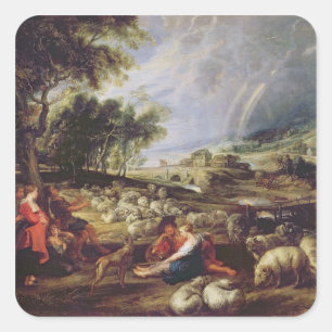 Landschap met een regenboog vierkante sticker