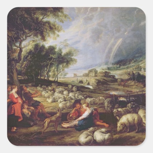 Landschap met een regenboog vierkante sticker (Voorkant)