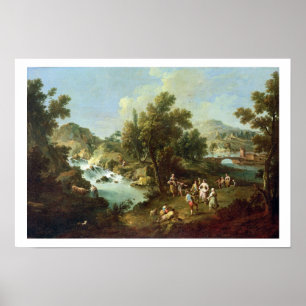 Landschap met een rivier- en dansende peasantia (o poster