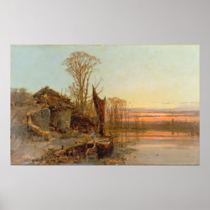 Landschap met een ruïneerde Cottage op Sunset, 18 Poster