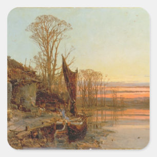 Landschap met een ruïneerde Cottage op Sunset, 18 Vierkante Sticker