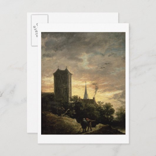 Landschap met een toren (olie op canvas) briefkaart (Voorkant / Achterkant)