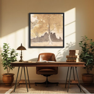 Landschap met eeuwenoude boom in waterverf, neutra canvas afdruk