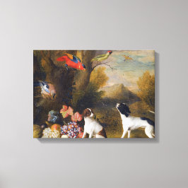 Landschap met exotische vogels en twee honden canvas afdruk
