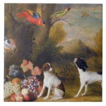 Landschap met exotische vogels en twee honden