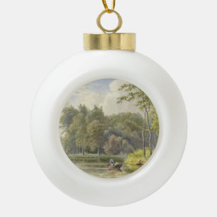 Landschap met Figuren in een Roeibootje Vintage Keramische Bal Ornament