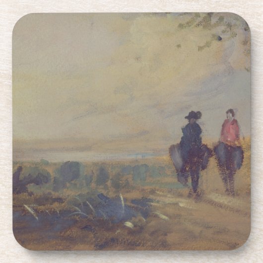 Landschap met het meer en twee figuren Riding, voo Bier Onderzetter (Voorkant)