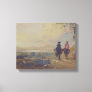 Landschap met het meer en twee figuren Riding, voo Canvas Afdruk