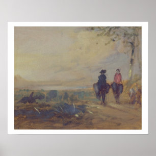 Landschap met het meer en twee figuren Riding, voo Poster